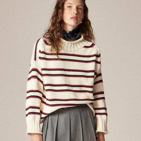 J. Crew 2025 Rollneck Sweater in Ivory Lace Ruby Navy NWT - Picture 1 of 5